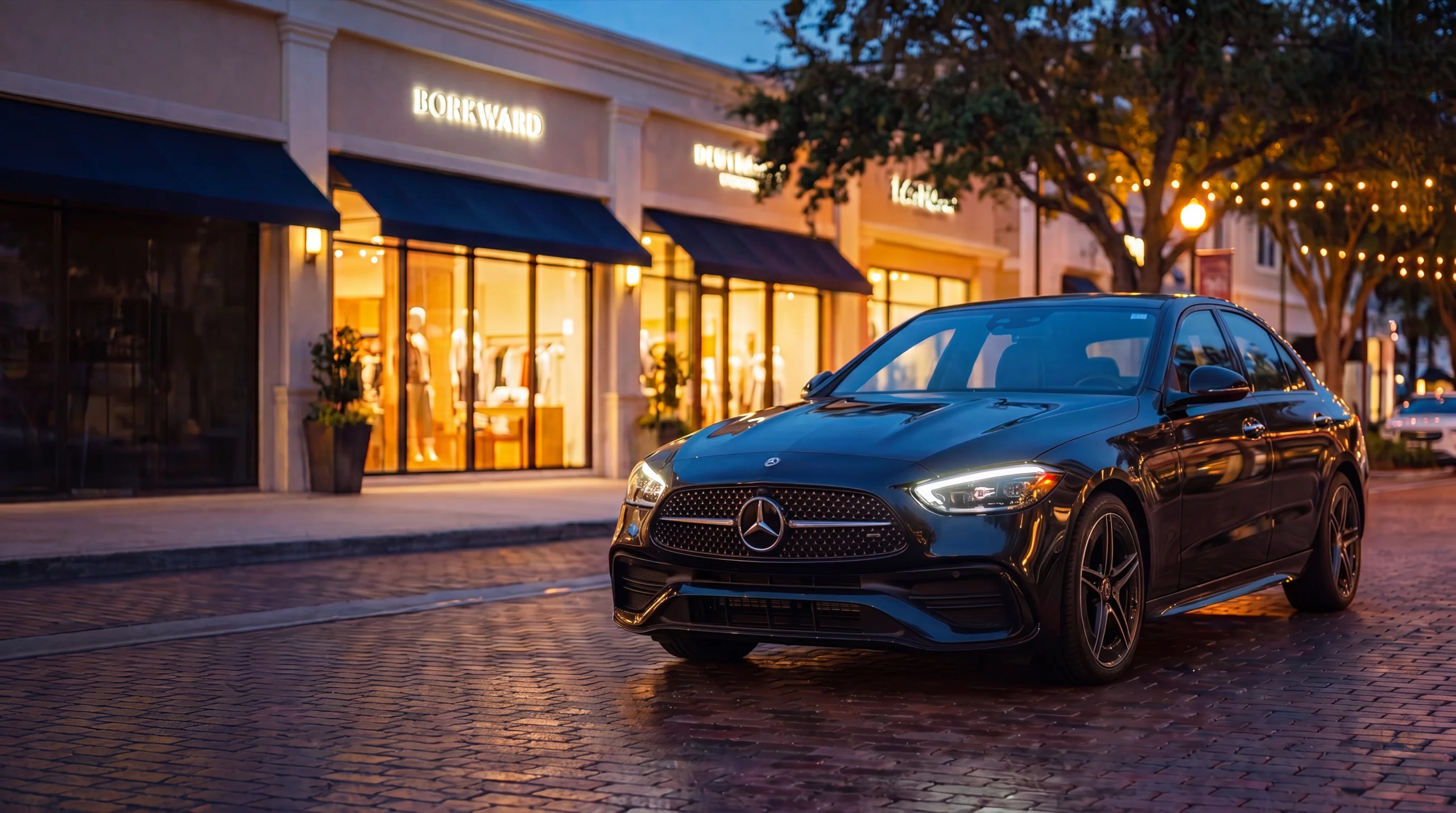 Premium black sedan from the DFG fleet on an upscale Tampa street at dusk