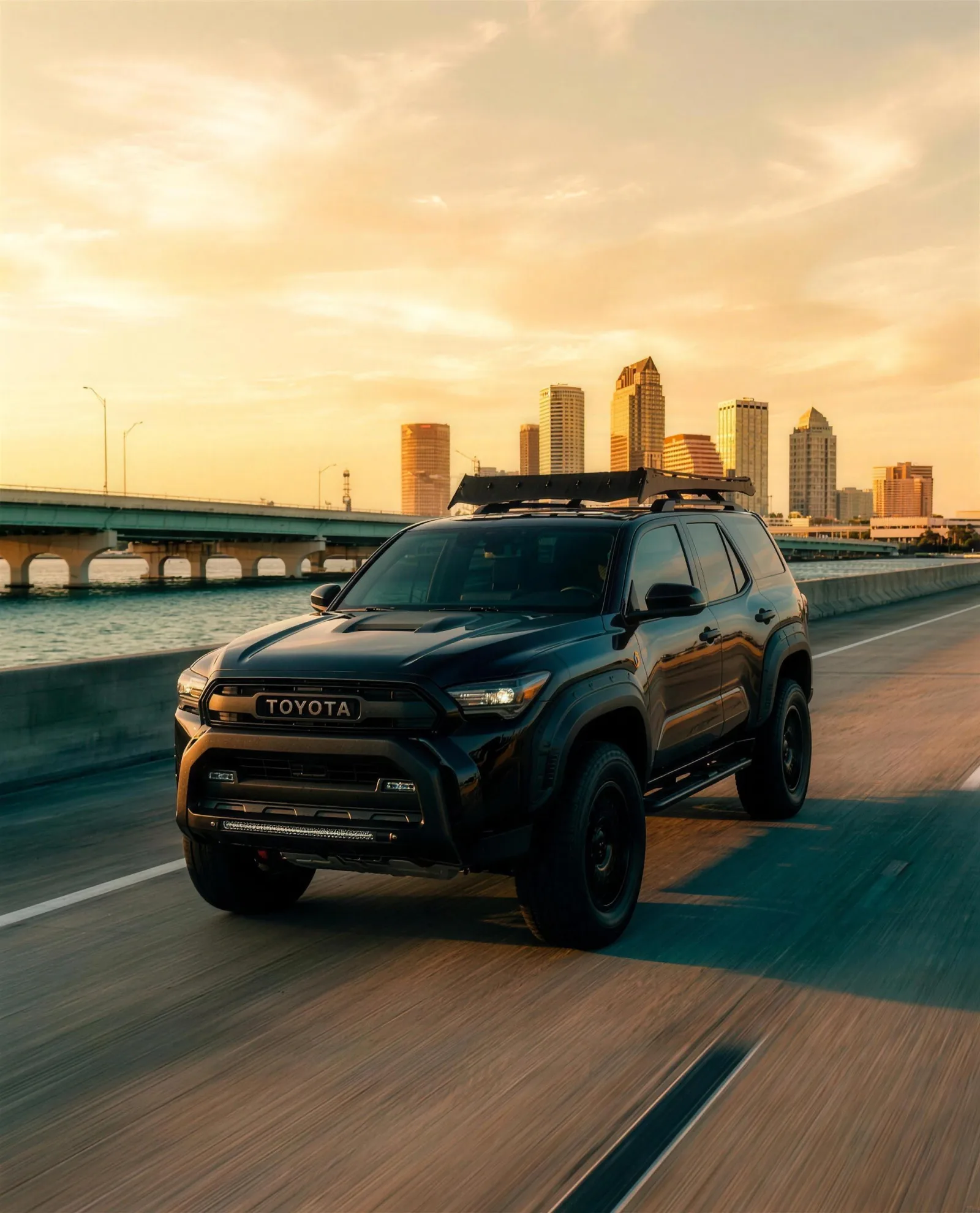DFG fleet SUV crossing the Tampa Bay causeway at sunset