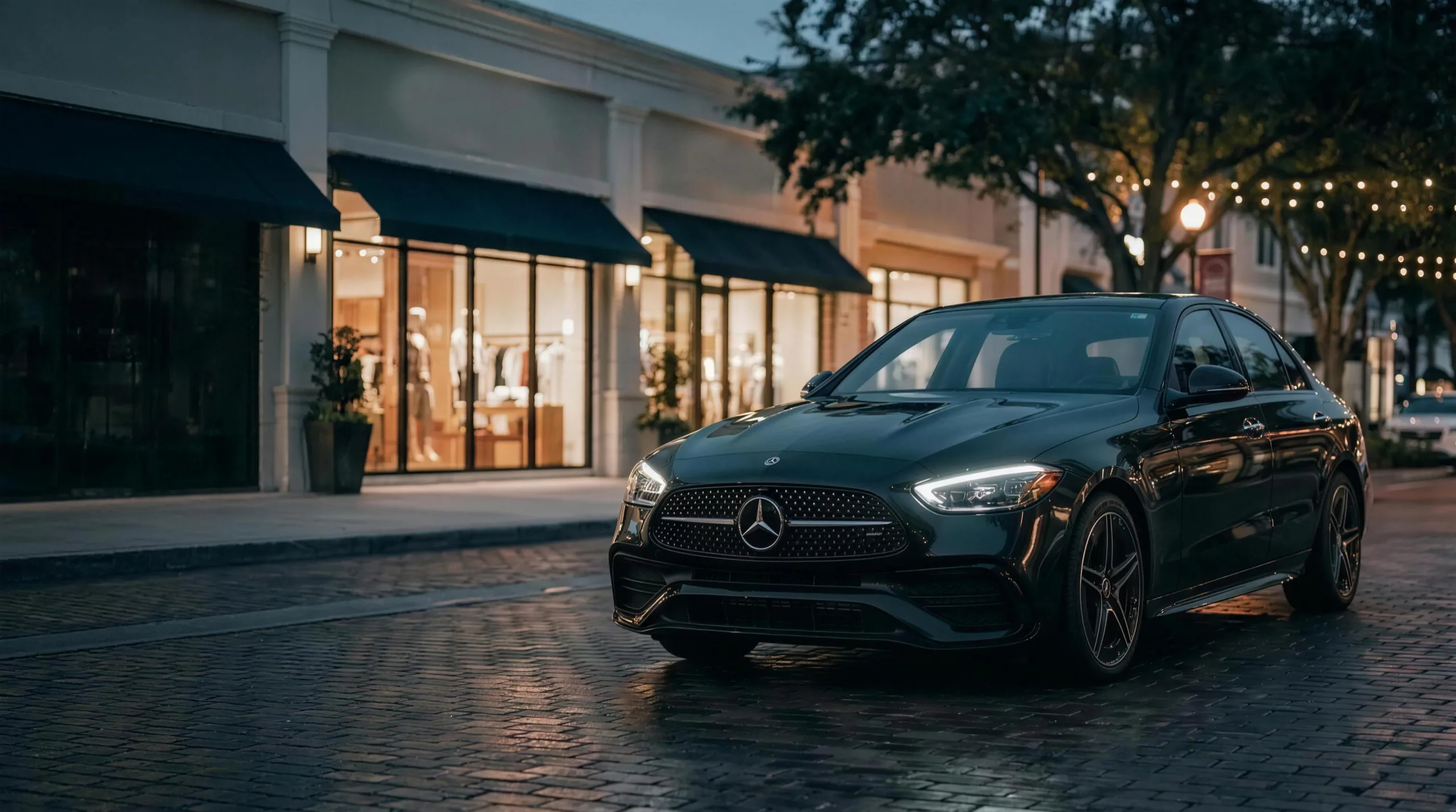 Premium black sedan from the DFG fleet on an upscale Tampa street at dusk