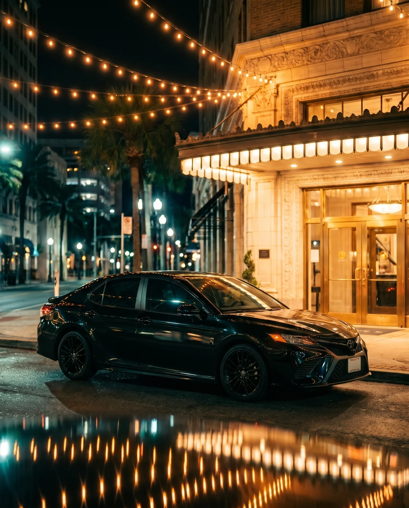 Toyota Camry XSE 2026 negro frente a la entrada iluminada de un hotel en el downtown de Tampa de noche