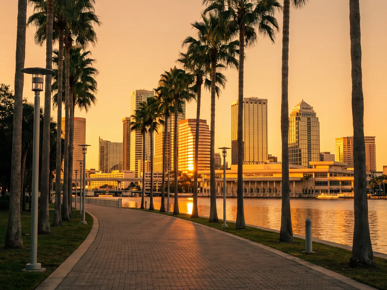 Tampa Riverwalk at sunset — palm-lined brick promenade with the downtown Tampa skyline reflected over the water